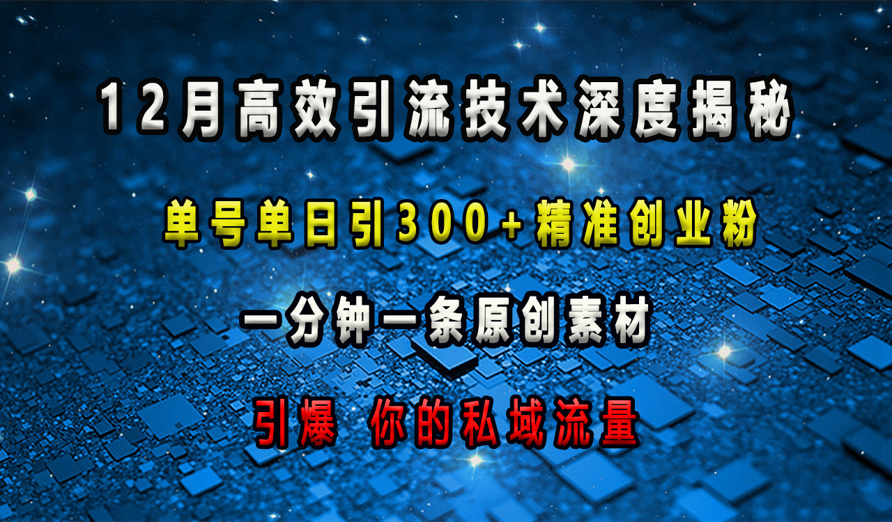 12月高效引流技术深度揭秘 ,单号单日引300+精准创业粉,一分钟一条原创素材,引爆你的私域流量祝创空间-网创项目资源站-副业项目-创业项目-搞钱项目祝创空间