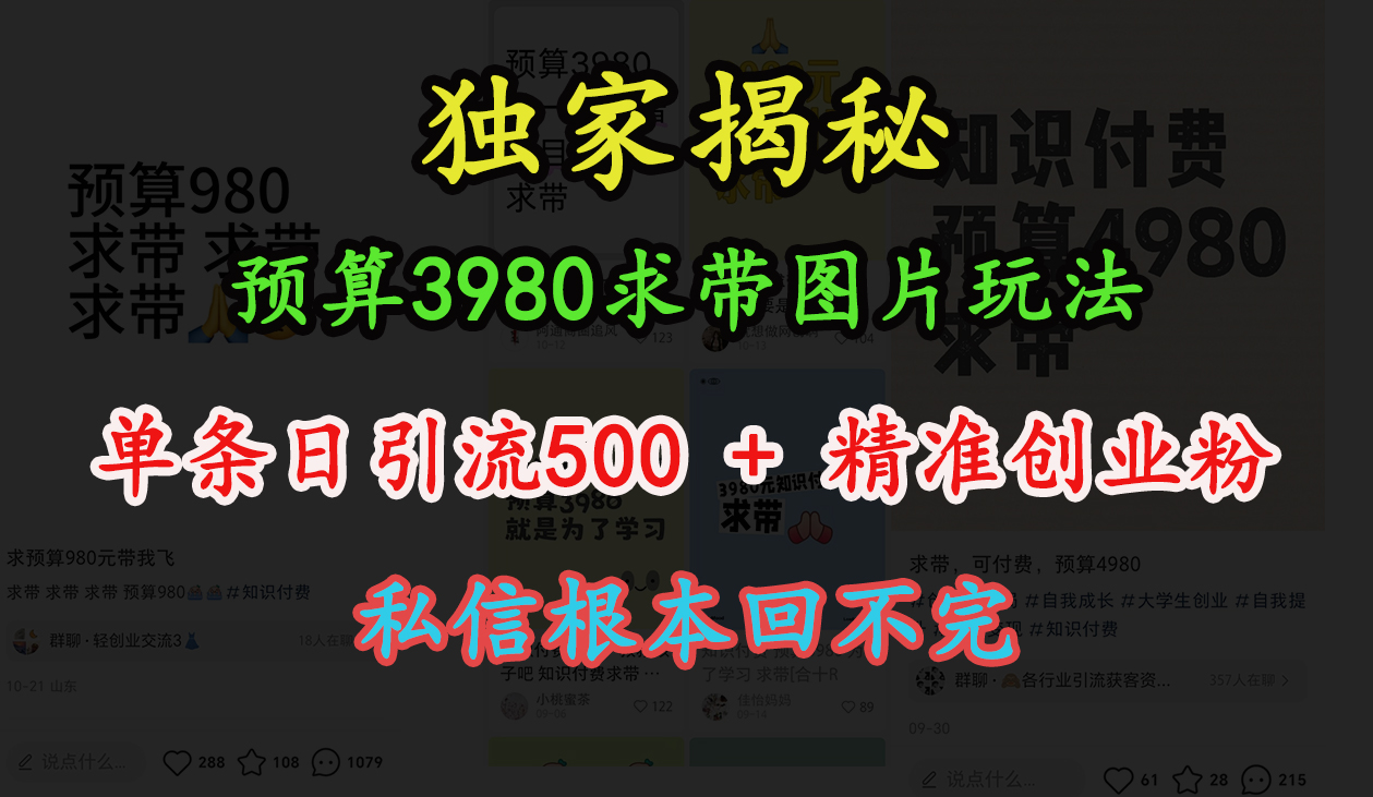 图片[1]祝创空间-网创项目资源站-副业项目-创业项目-搞钱项目“小红书”预算3980求带 图片玩法，单条日引流500+精准创业粉，私信根本回不完祝创空间-网创项目资源站-副业项目-创业项目-搞钱项目祝创空间