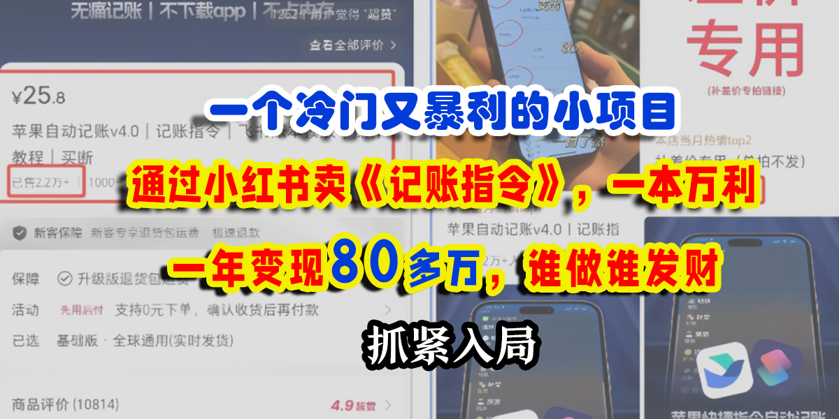 一个冷门又暴利的小项目，通过小红书卖《记账指令》，一本万利，一年变现80多万，谁做谁发财祝创空间-网创项目资源站-副业项目-创业项目-搞钱项目祝创空间