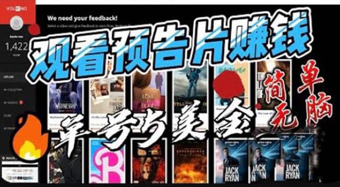 观看电影预告片赚钱，即看即赚简单无脑，单号收益5美金可批量祝创空间-网创项目资源站-副业项目-创业项目-搞钱项目祝创空间