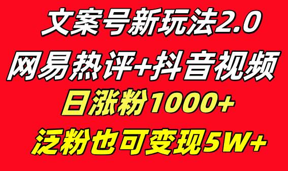 文案号新玩法 网易热评+抖音文案 一天涨粉1000+ 多种变现模式 泛粉也可变现祝创空间-网创项目资源站-副业项目-创业项目-搞钱项目祝创空间