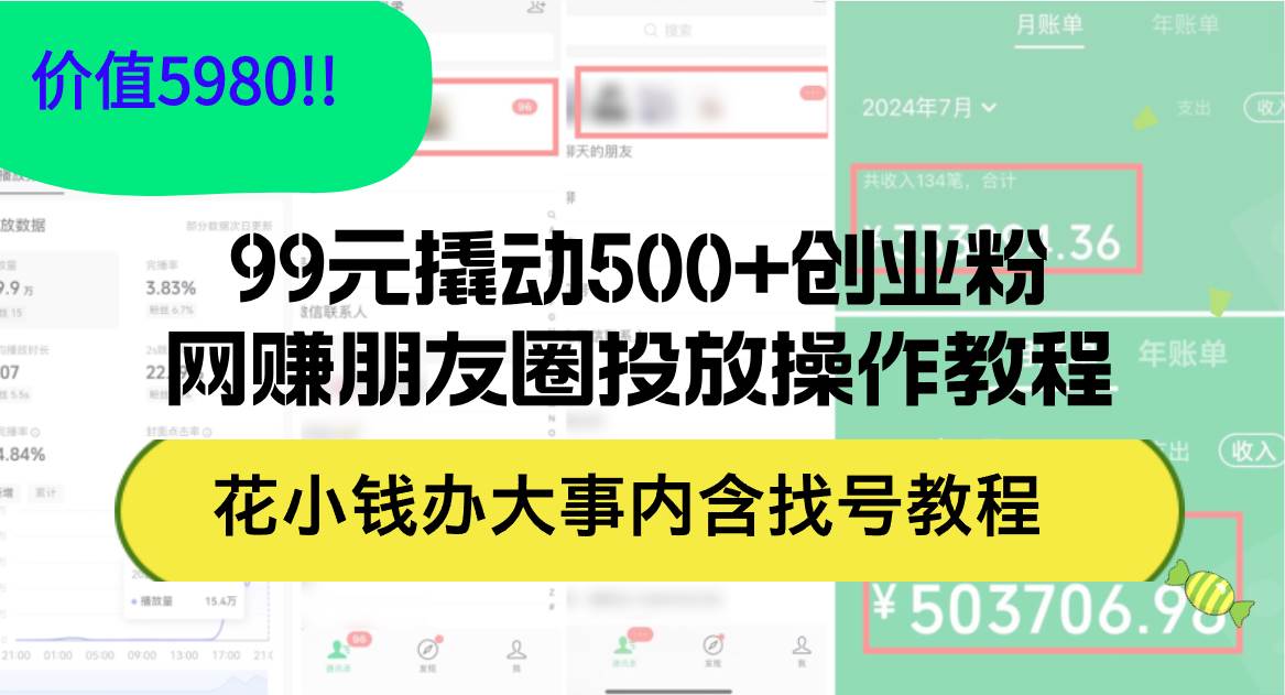 99元撬动500+创业粉,网赚朋友圈投放操作教程价值5980!花小钱办大事内…祝创空间-网创项目资源站-副业项目-创业项目-搞钱项目祝创空间