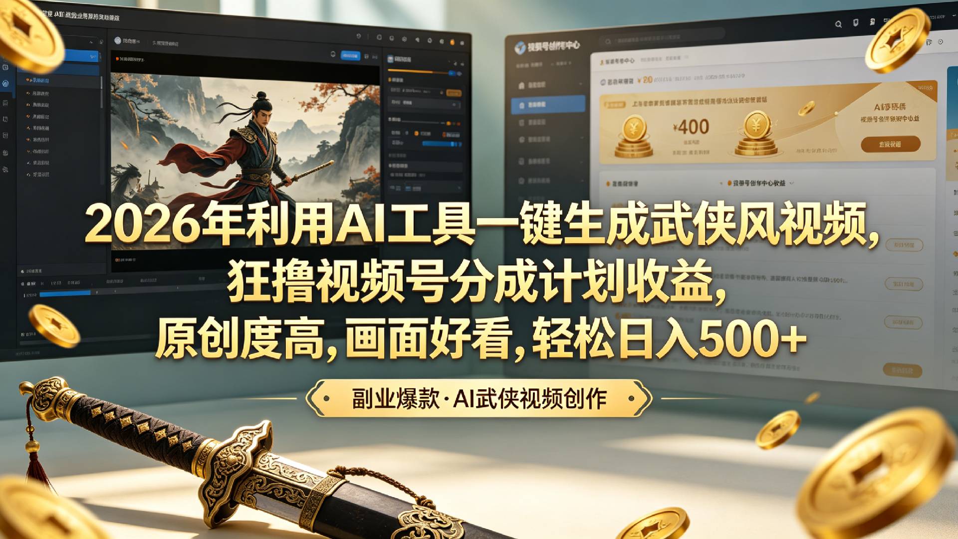 2026年利用AI工具一键生成武侠风视频,狂撸视频号分成计划收益,原创度高,画面好看,轻松日入500+祝创空间-网创项目资源站-副业项目-创业项目-搞钱项目祝创空间