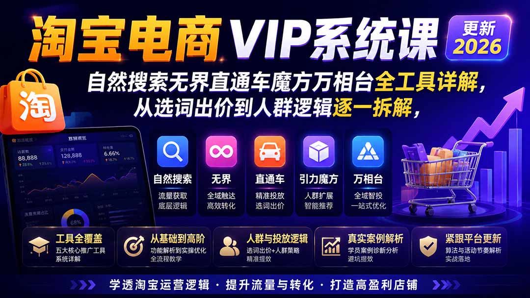 (21245期)2026淘宝电商终局之战VIP课-更新1029:自然搜索+直通车+无界+精准人群,系统掌握测款动销与全店推广布局方法
