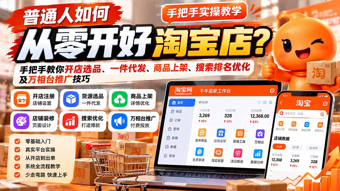 (21265期)普通人如何从零开好淘宝店?手把手教你开店选品、一件代发、商品上架、搜索排名优化及万相台推广技巧