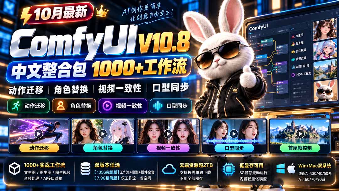 （21240期）10月最新ComfyUI V10.8中文整合包 1000+工作流 动作迁移 角色替换 视频一致性 口型同步 低显存可用