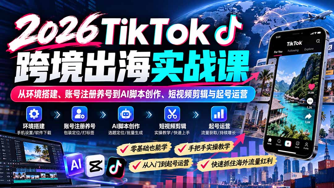 (21250期)2026TikTok跨境出海实战课-更新1030:从环境搭建、账号注册养号到AI脚本创作、短视频剪辑与起号运营