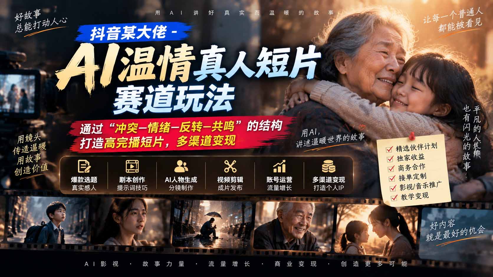 （20539期）抖音某大佬-AI温情真人短片赛道玩法：通过“冲突—情绪—反转—共鸣”的结构打造高完播短片，多渠道变现