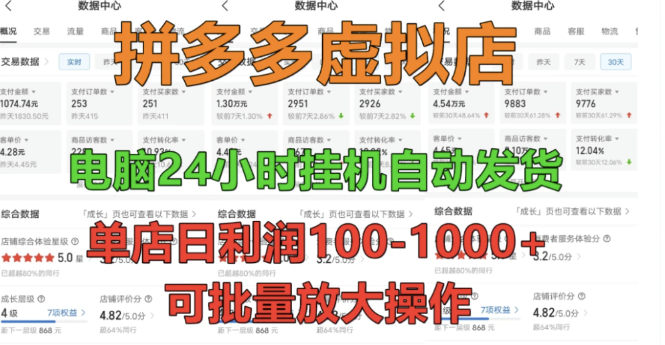 拼多多虚拟店，单店日利润100-1000+，挂机全自动发货，长久稳定新手首选项目，可批量放大操作