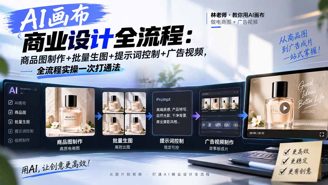 （21168期）AI画布商业设计全流程-更新1026：商品图制作+批量生图+提示词控制+广告视频，全流程实操一次打通法