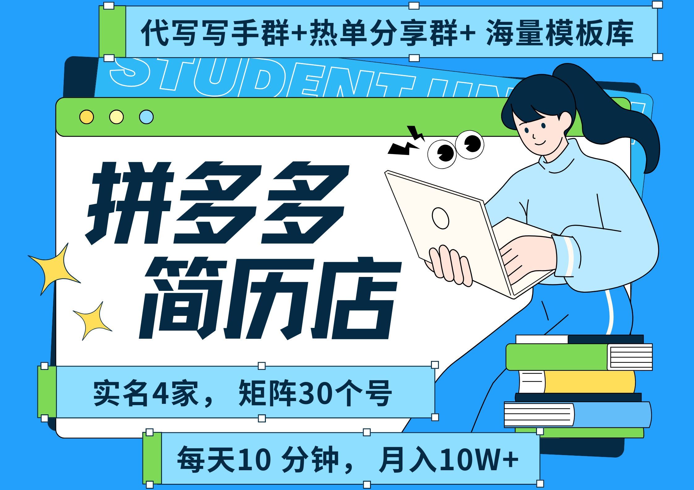 拼多多 虚拟资料 简历 海报代写 全SOP流程 毫无保留分享（含后端资料以及代写渠道）每天十分钟 每人实名四个店 矩阵30个账号 轻轻松松 月入10W