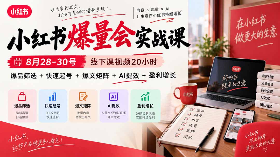 （20523期）小红书爆量会实战课-更新9月17：线下课视频20小时，爆品筛选+快速起号+爆文矩阵+AI提效+盈利增长