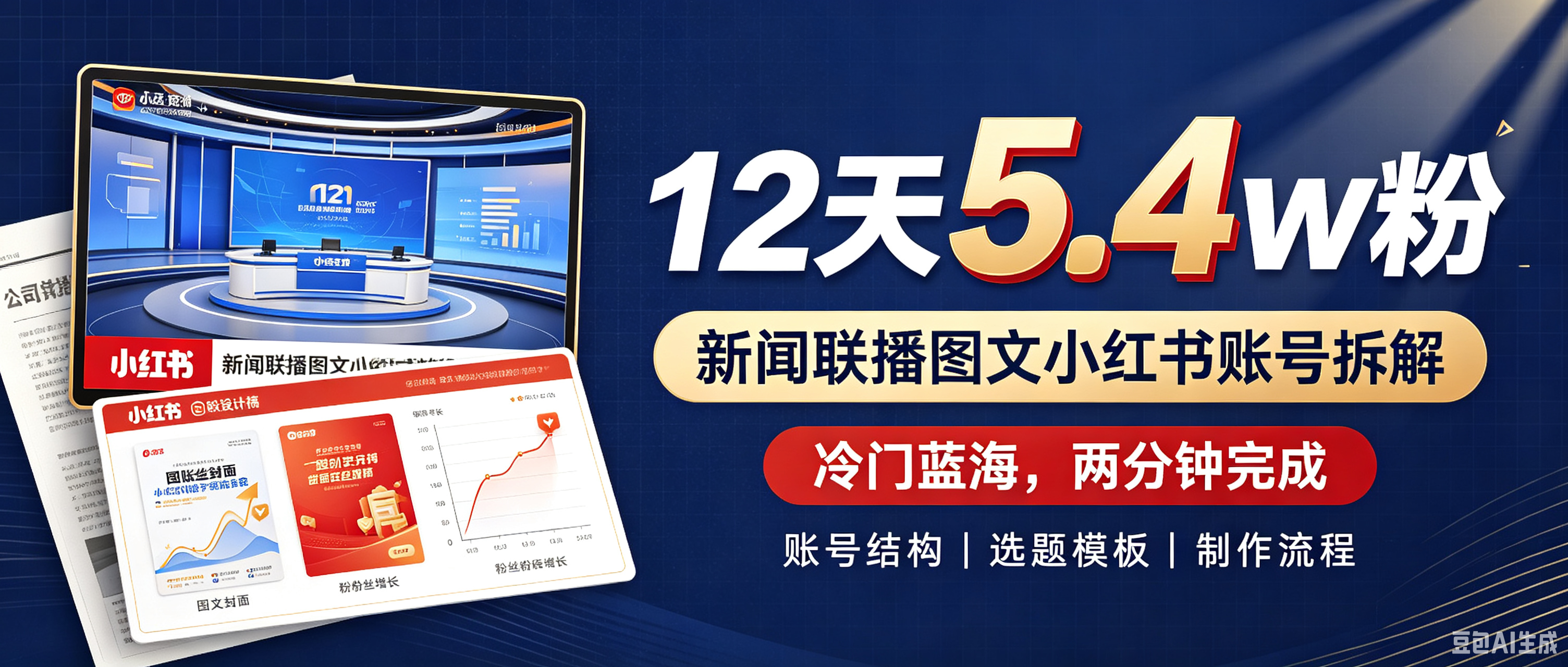 12天5.4w粉，新闻联播图文小红书账号拆解，冷门蓝海，两分钟完成。
