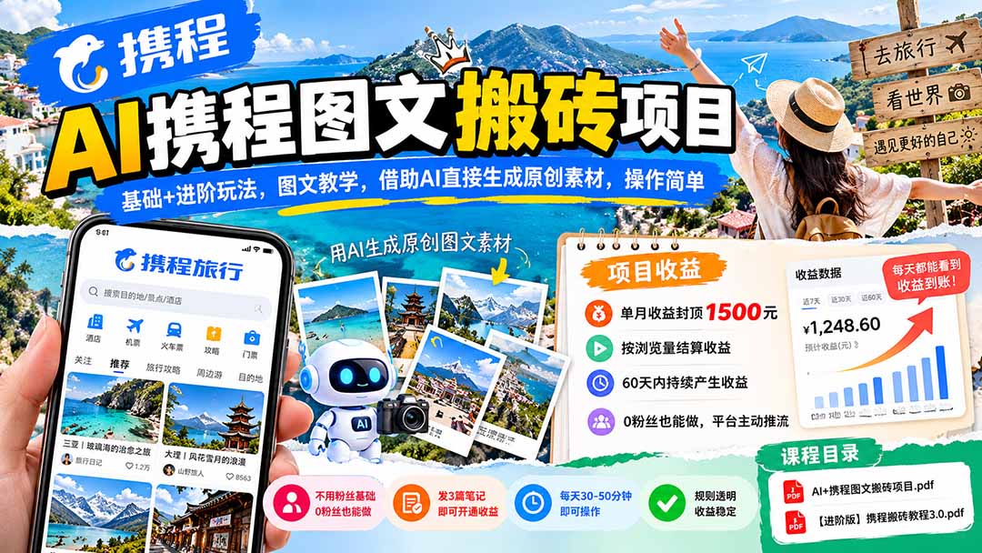 （21180期）AI携程图文搬砖项目，基础+进阶玩法，图文教学，借助AI直接生成原创素材，操作简单