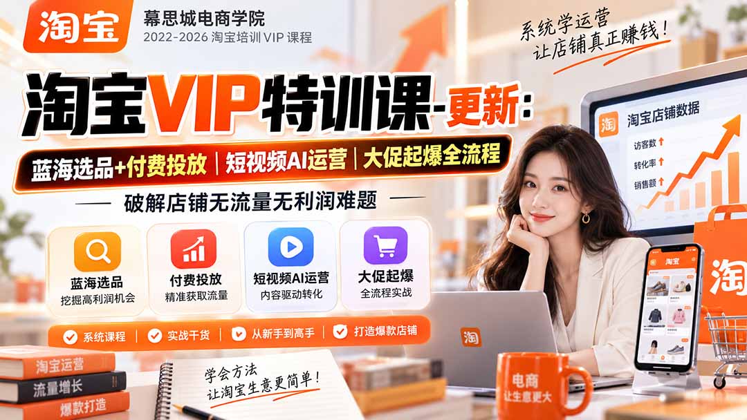 （20985期）淘宝VIP特训课-更新1016：蓝海选品+付费投放｜短视频AI运营｜大促起爆全流程，破解店铺无流量无利润难题