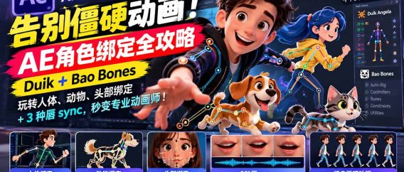 (21218期)【无水印】告别僵硬动画!AE 角色绑定全攻略:Duik+Bao Bones玩转人体/动物/头部绑定+3种唇sync,秒变专业动画师