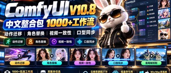 (21240期)10月最新ComfyUI V10.8中文整合包 1000+工作流 动作迁移 角色替换 视频一致性 口型同步 低显存可用