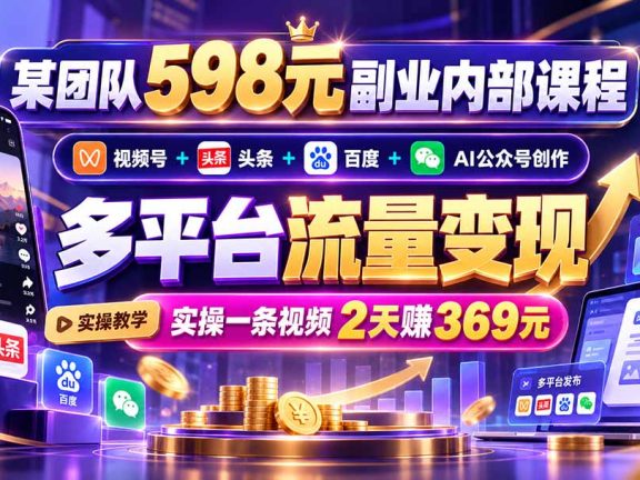 （21238期）某团队598元副业内部课程：视频号+头条+百度+AI公众号创作、多平台流量变现，实操一条视频2天赚369元